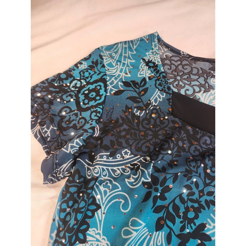 Brittany Black Blue Paisley Floral Sequin Top Womens Medium Short Sleeve Blouse - Picture 4 of 7